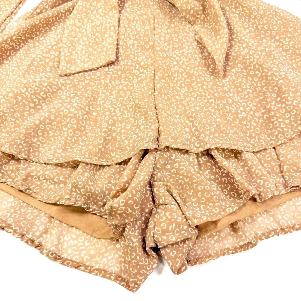 Japna Women Small Tan Animal Print Long Sleeve‎ V Neck Tiered Ruffle Mini Romper
